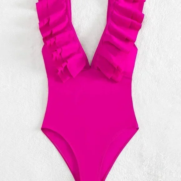 Hot Pink Preppy Womens Ruffle Trim One Piece Swimsuit